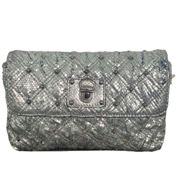 Marc Jacobs Quilted Leather Snakeskin Animal Print Embossed Studded Silver Bag - Picture 1 of 12